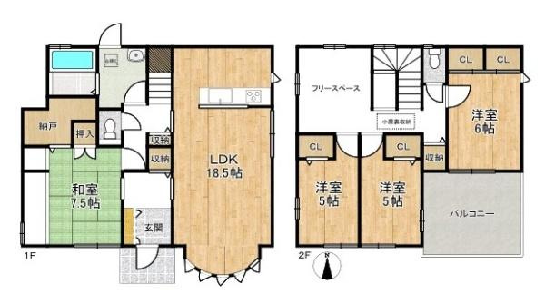 大和郡山市満願寺町の中古一戸建の間取り|■広々したリビング１８．５帖・４ＳＬＤＫ＋フリースペースの間取り！大容量の収納など、ご家族のお住まいにピッタリです！