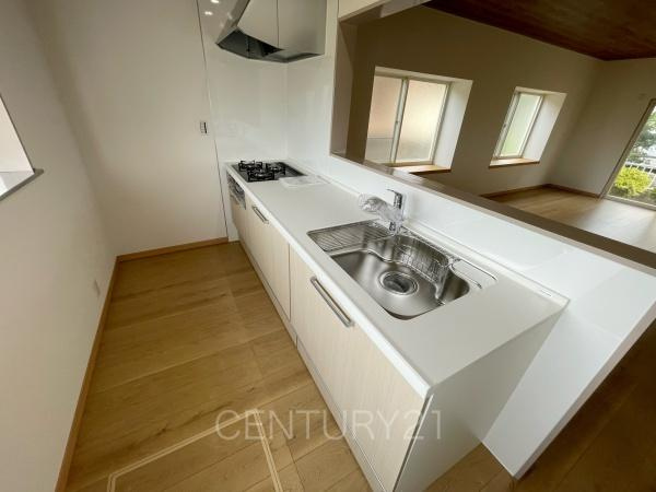 前橋市北代田町中古一戸建てのキッチン|シンクも大きく洗い物もしやすい浄水器付。シャワーヘッドは引き出し可能、シンクの隅々まで洗い流せます。