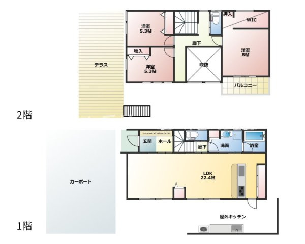 【間取り】 | 浜松市中央区下石田町 中古住宅 | 3LDK+3台ゆったり駐車可能な大型カーポート、屋外キッチン、カーポート上のテラス