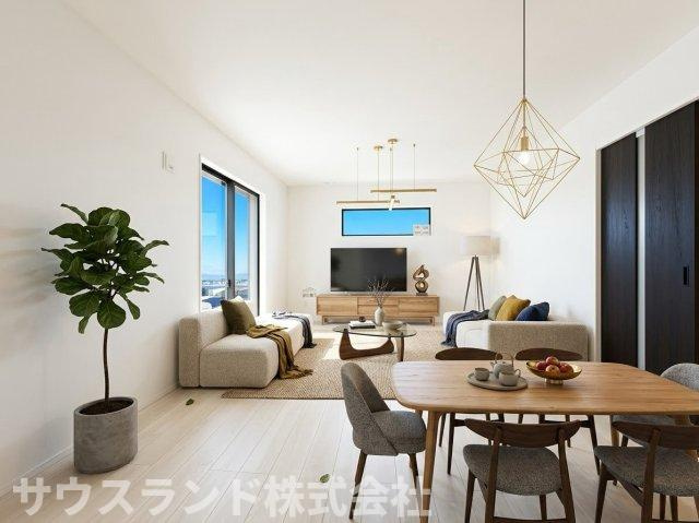 八王子市四谷町2期　の居間・リビング|ダイニングテーブルを置いてもゆとりのある、広々としたリビングダイニングです。※本画像はCGで作成しており、実際に現地に家具は置かれておりません。価格に家具は含まれておりません。
