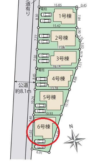 八王子市四谷町2期　の区画図|敷地全体の配置がわかりやすい区画図です！前面道路は歩道付きで広々としており、ベビーカーや自転車での移動もスムーズに行えます。車の出し入れもゆとりを持って行えるため、運転が苦手な方でも安心の環境です。