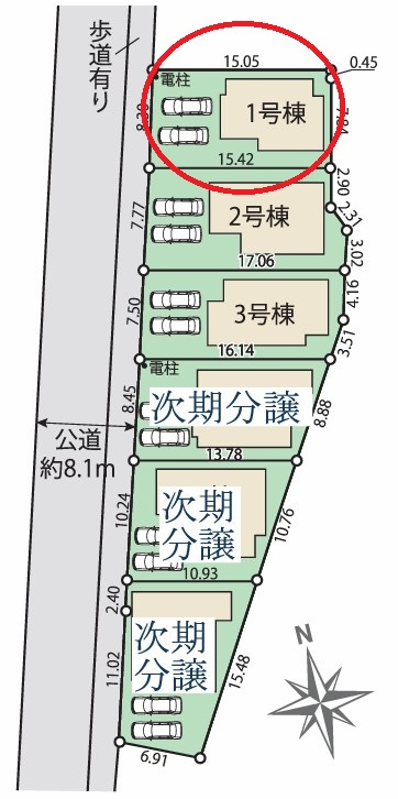 八王子市四谷町2期の区画図|前面道路も広く、車の出し入れスムーズ。2台分の駐車スペースも確保され、日々の生活の利便性も高いですよ