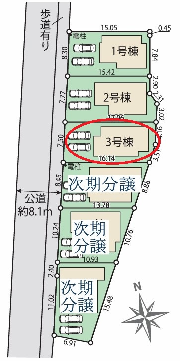 八王子市四谷町2期の区画図|敷地全体の配置がわかりやすい区画図です！前面道路は歩道付きで広々としており、ベビーカーや自転車での移動もスムーズに行えます。車の出し入れもゆとりを持って行えるため、運転が苦手な方でも安心の環境です。