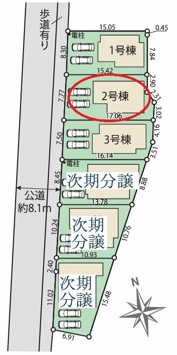八王子市四谷町2期の区画図|敷地全体の形がわかる区画図です。広い道路に面しており、車の出し入れもスムーズに行えます。敷地内には2台分の駐車スペースを確保しております。広々とした土地で、理想の住まいを形にできますね！
