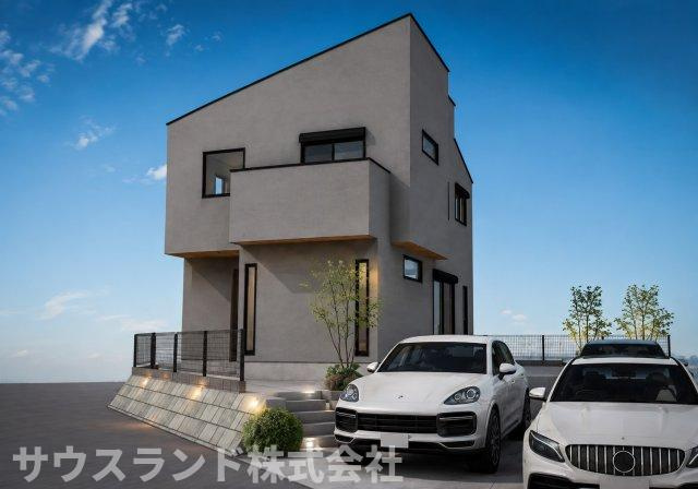 八王子市長沼町の外観パース|青空に映えるスタイリッシュな外観デザインです！カースペースは並列でゆったり2台分確保されており、ご夫婦それぞれのマイカーライフも存分に楽しめます。毎日の荷物の出し入れもスムーズに行えて大変便利です♪