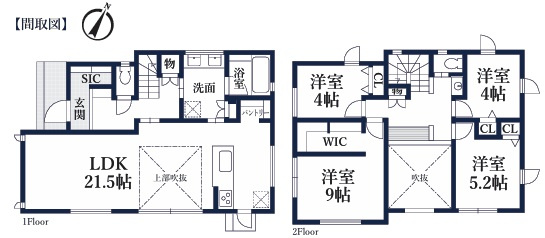 八王子市長沼町の間取り|広々21.5帖LDKに吹抜けを設け、開放感のある家族団らんの空間に。明るくのびやかな時間を過ごせます