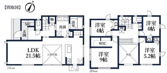 八王子市長沼町の間取り|広々21.5帖LDKに吹抜けを設け、開放感のある家族団らんの空間に。明るくのびやかな時間を過ごせます