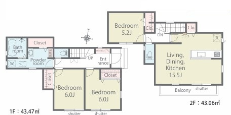 八王子市万町　2号棟の間取り|2階に15.5帖のLDKを配置した、家族がゆったり集まりやすい間取り。洗面所にも収納スペースを備えているため、タオルや洗剤などの日用品をすっきりしまえて、毎日の身支度や家事もスムーズです！