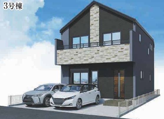 八王子市子安町4期の外観パース|【外観完成予想図】落ち着いたカラーリングと重厚感あるファサードが魅力の住まい。シンプルながらもデザイン性を感じられる、飽きのこない外観です。