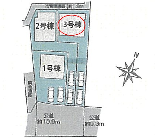 八王子市石川町～全３棟～の区画図|幅員にゆとりのある公道に面し、車での出入りにも配慮しやすい立地です。旗竿地のため建物が道路から少し離れており、通行人の視線を受けにくく、落ち着いた住環境を求める方にも注目したい区画です。