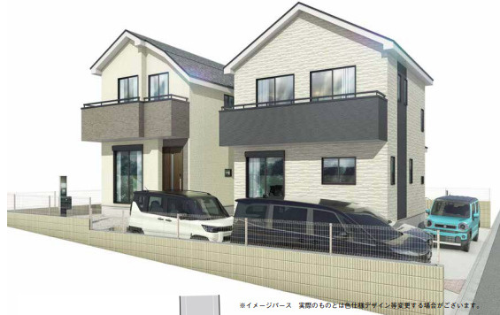 八王子市散田町14期B号棟の外観パース|【外観完成予想図】やわらかな色合いの外壁に濃色のバルコニーが映える、親しみやすい外観です！それぞれの住まいに個性を感じながらも、2棟が調和したまとまりのある街並みで穏やかに暮らせます。