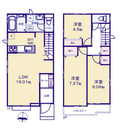八王子市散田町14期A号棟の間取り|開放感のある約16.01帖のLDKには、家族のつながりを感じやすいリビング階段を配置！2階には洋室3部屋を備え、個室もしっかり確保できます。