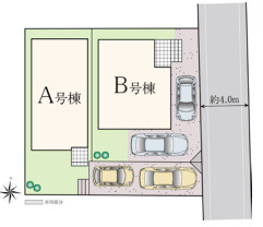 八王子市散田町14期A号棟の区画図|建物とカースペースをバランスよく配置し、敷地を有効に活用した、暮らしやすさを感じる区画設計です。
