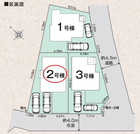 八王子市犬目町25-1期の区画図|八王子駅行のバス停まで徒歩2分。駅方面への移動手段を確保しやすく、通勤・通学にも便利です。全3区画それぞれに駐車スペースを設けた配置で、車を使う暮らしにもなじみやすい区画計画です。