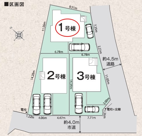 八王子市犬目町25-1期の区画図|八王子駅行のバス停まで徒歩2分。駅方面への移動手段を確保しやすく、通勤・通学にも便利です。全3区画それぞれに駐車スペースを設けた配置で、車を使う暮らしにもなじみやすい区画計画です。