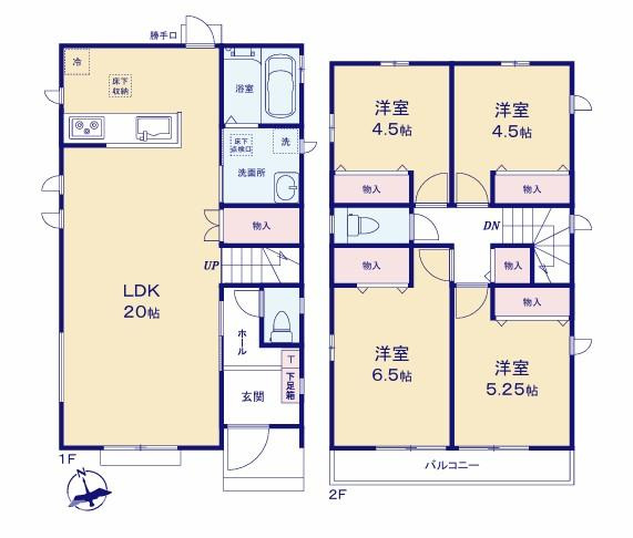 八王子市弐分方町10期　D号棟の間取り|20帖の広々LDKにリビング階段を採用し、家族が自然と顔を合わせやすい間取り。リビング収納も備え、日用品や掃除道具をすっきり片付けながら、ゆとりある団らんの時間を毎日ゆったり楽しめます！