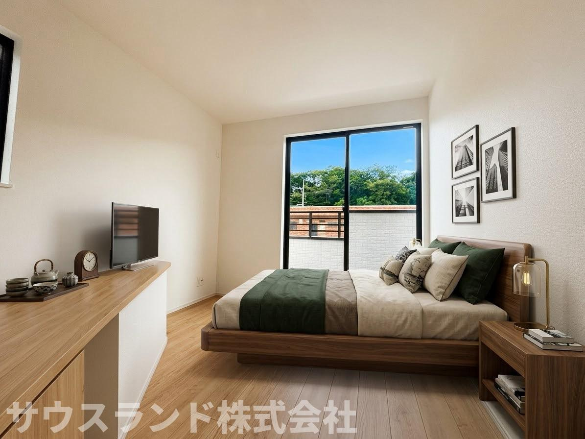 八王子市弐分方町10期　D号棟の洋室|青空の下で建築が進む分譲地。※本画像はCGで作成しており、実際に現地に家具は置かれておりません。また、価格に家具は含まれておりません。