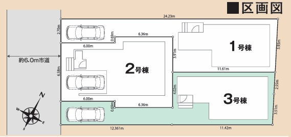 八王子市散田町5丁目25-3期の区画図|それぞれの敷地形状を活かして配置した全3棟。ゆとりある道路幅と、駐車スペースを備えた工夫ある区画計画
