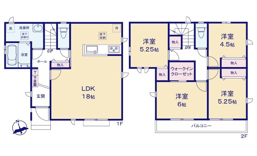 八王子市弐分方町10期　F号棟の間取り|18帖のLDKは家族が自然と集まりやすい広さ。1階に水回りをまとめ、家事のしやすさにも配慮。2階は4部屋とウォークインクローゼットを備え、家族それぞれの時間も大切にできる間取りです！