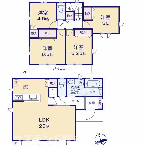 八王子市弐分方町10期　B号棟の間取り|ゆったり20帖のLDKで、家族そろって食事やくつろぎの時間を楽しめます。2階には4つの洋室と各室収納、バルコニーを備え、家族構成や成長に合わせて長く使いやすい4LDKの間取りです！