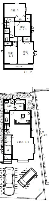 八王子市横川町20期　C号棟の間取り|18帖のゆとりあるLDKを中心に、家族が自然と集まる間取り。2台分の駐車スペースも確保しています。