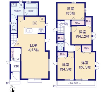 八王子市横川町20期　C号棟の間取り|18帖のゆとりあるLDKを中心に、家族が自然と集まる間取り。2台分の駐車スペースも確保しています。