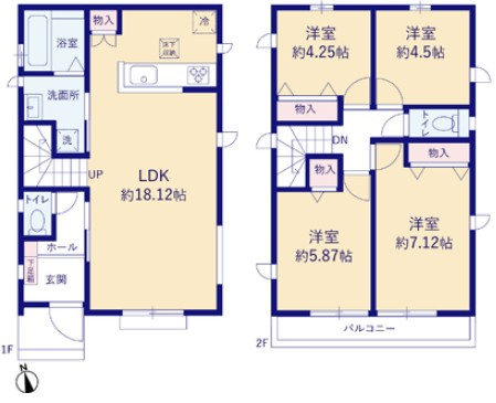 八王子市横川町20期　B号棟の間取り|18帖超のゆとりあるLDKを中心に、家族が自然と集まる間取り。並列2台分の駐車スペースも確保。