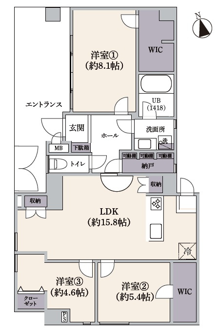 サンビュー南町の間取り|約8.1帖の主寝室と約15.8帖のLDKを備えた、ゆとりを感じられる3LDK！豊富な収納スペースにより家具を増やしすぎず、室内を広く使いやすい設計です。