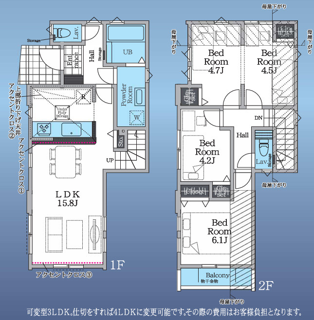 八王子廿里町1期の間取り|1階は15.8帖のLDKを中心に、家事動線にも配慮された間取り。2階には4つの洋室があり、寝室や子ども部屋、仕事部屋など、家族構成や暮らし方に合わせて無理なく使い分けできる4LDKです。