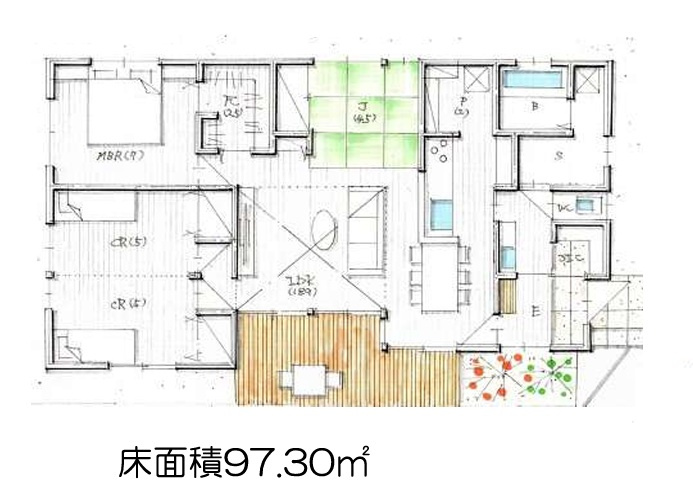 八王子市中山2期の参考プラン|【参考プラン間取図】ゆとりのある敷地面積だからこそ、平屋建ても可能です。