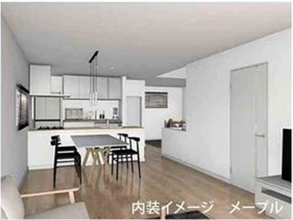 八王子市長沼町5期の完成予想図|白を基調とした清潔感あふれるリビングダイニングの完成予想図です！キッチンからお部屋全体が見渡せるため、お料理中も遊んでいるお子様の様子を優しく見守ることができます。毎日のおうち時間が楽しくなります♪
