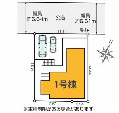 八王子市長沼町5期の区画図|ゆったりとした敷地でお車の駐車スペースもしっかりと確保された区画図です！前面道路は約6メートルと余裕があり、運転が苦手な方でも安心して駐車できます。自転車やベビーカーを置くスペースも作れますね♪