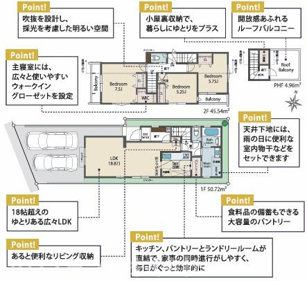 八王子市北野町6期　2号棟の間取り|キッチン・パントリー・ランドリールームが直結、家事の流れを考えた使いやすい間取りです！