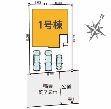 八王子市並木町2期の区画図|幅員約7.2ｍ道路に面した開放感ある住環境。車種によっては3台駐車可能なカースペースを備え、ゆとりあるカーライフを実現します。