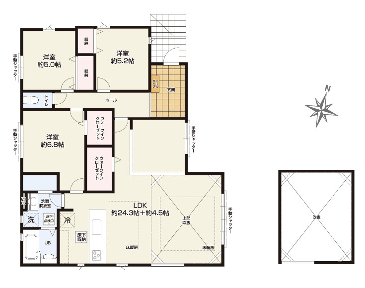 八王子市北野台30期の間取り|生活動線がスムーズなワンフロア設計。収納力にもこだわった快適な平屋住宅。