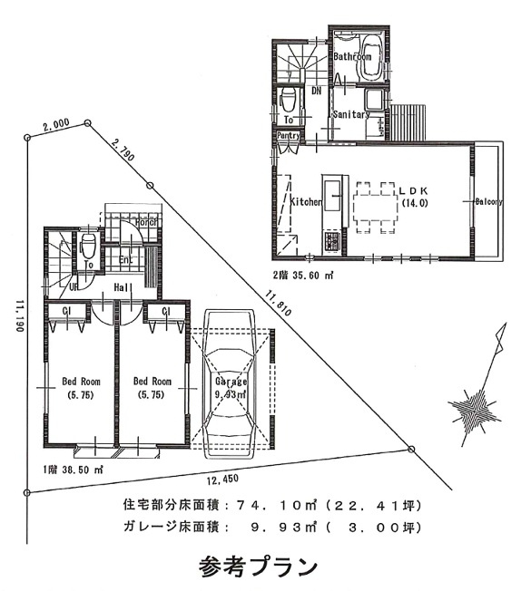 八王子市長房町の参考プラン|【参考プラン間取図】2階に水回りとLDKを集約し、家事動線に配慮。バルコニーへ続く明るく開放的な間取りプランもございます。