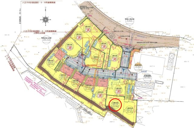 八王子市山田町の区画図|整えられた区画と分譲地内道路により、車の出入りや日々の移動もスムーズ。敷地の広さや形状をじっくり見比べながら、ご家族の希望に合う住まいづくりを検討できます！