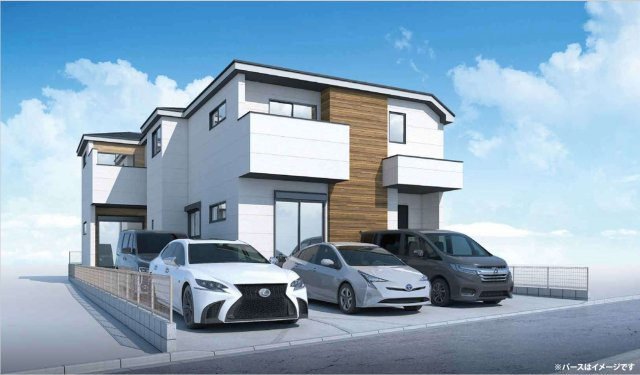 八王子市本町４期の外観パース|【外観完成予想図】白を基調に木目調アクセントを取り入れた、洗練された外観デザイン。