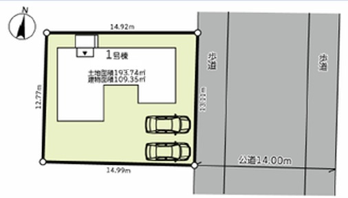 八王子市南陽台1丁目第2期の区画図|並列で二台駐車できるゆとりのあるカースペースが確保された区画図です！ご夫婦でお車をお持ちでも安心の広さです。自転車やベビーカー、外遊び用のおもちゃなどもスッキリと置けて毎日の外出がスムーズです♪