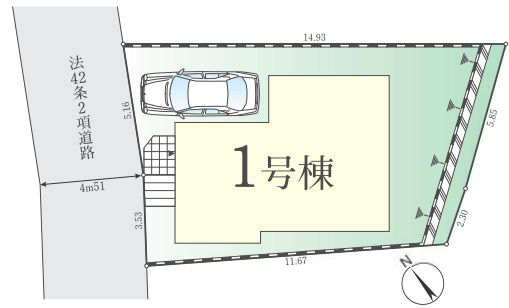 八王子市緑町7期の区画図|カースペースから玄関へスムーズにつながる、使いやすい動線が魅力。建物の周囲にもゆとりがあり、開放的で快適な住環境を演出します。