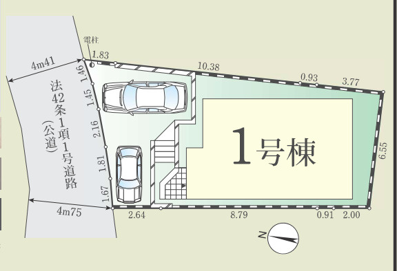 八王子市緑町8期の区画図|ゆとりある敷地にはカースペースがしっかりと確保されており、自転車やベビーカーなども置きやすい設計です！前面道路からの出入りもスムーズに行えるため、お買い物帰りやお子様の送迎時も負担が少なく快適です。