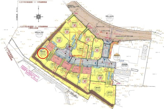 八王子市山田町の区画図|整えられた区画と分譲地内道路により、車の出入りや日々の移動もスムーズ。敷地の広さや形状をじっくり見比べながら、ご家族の希望に合う住まいづくりを検討できます！
