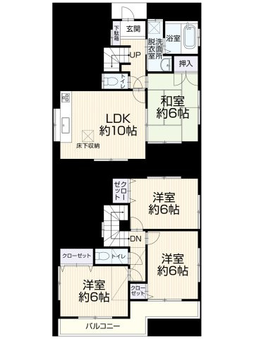 八王子市中野上町３丁目の間取り|全居室約6帖のゆとりある4LDK！和室はお子様のお昼寝や来客時にも重宝し、2階の洋室は家族構成に合わせて使い分け可能。広めのバルコニーでは洗濯物や布団もまとめて干せます。