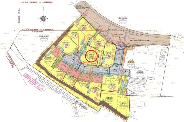 八王子市山田町の区画図|整えられた区画と分譲地内道路により、車の出入りや日々の移動もスムーズ。敷地の広さや形状をじっくり見比べながら、ご家族の希望に合う住まいづくりを検討できます！
