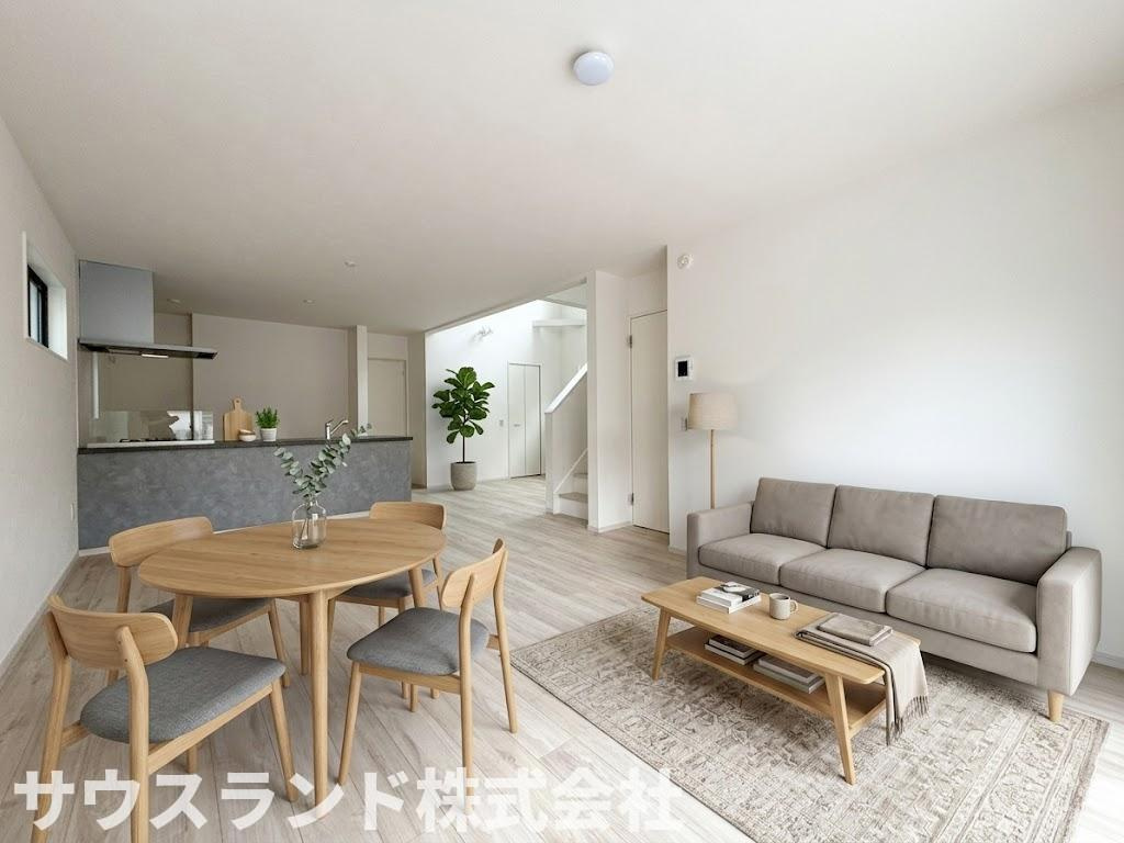 八王子市富士見町8期の居間・リビング|約22.3帖の広々LDK！家具配置がしやすく、様々なインテリアを楽しみやすいです♪※本画像はCGで作成しており実際に現地に家具は置かれておりません。価格に家具は含まれておりません。