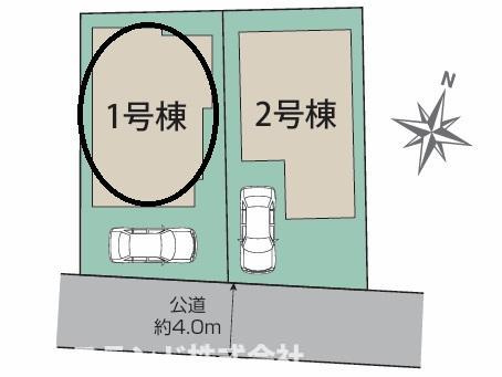 八王子市万町　1号棟の区画図|道路に面して建物と駐車スペースが整った配置で、毎日の出入りもスムーズにできそうです。2棟が並ぶほどよい規模感で、周囲との距離を感じながら落ち着いて暮らせる、穏やかな住環境が想像できます。