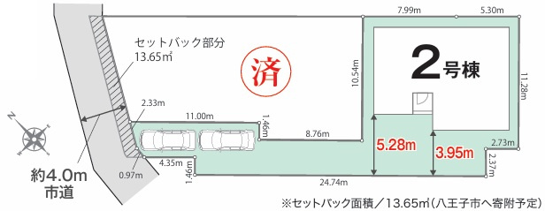 八王子市川口町02期の区画図|道路から奥まった位置に住まいが配置された旗竿地。建物が通りに直接面しにくいため、外からの視線を抑えやすいのがポイントです！
