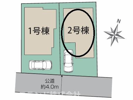 八王子市万町　2号棟の区画図|道路に面して建物と駐車スペースが整った配置で、毎日の出入りもスムーズにできそうです。2棟が並ぶほどよい規模感で、周囲との距離を感じながら落ち着いて暮らせる、穏やかな住環境が想像できます。