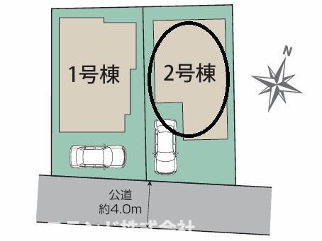 八王子市万町　2号棟の区画図|道路に面して建物と駐車スペースが整った配置で、毎日の出入りもスムーズにできそうです。2棟が並ぶほどよい規模感で、周囲との距離を感じながら落ち着いて暮らせる、穏やかな住環境が想像できます。