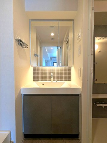 ライトハウス元浅草の設備|トイレと独立した洗面脱衣室、2面鏡付洗面台、タオルフックにスマホストレージ付きです、洗濯機置場は排水口のお手入れしやすい様に手前中央に配置し、足高の防水パンです